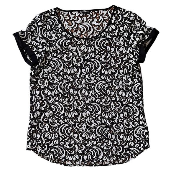 Express Black & Cream Lace Short Sleeve Scoop Neck Top Large - Picture 1 of 6